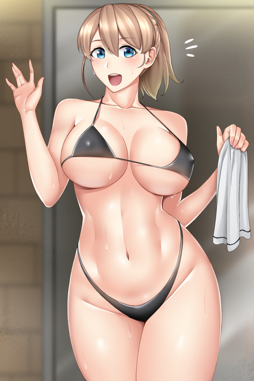 1girl bikini black_bikini blue_eyes blurry blurry_background breasts cleavage hair_between_eyes highleg highleg_swimsuit holding holding_towel intrepid_(kantai_collection) kantai_collection large_breasts navel open_mouth ponytail short_hair swimsuit thighs towel wide_hips
