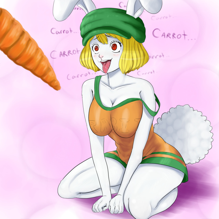 1_girl 1girl 2016 afrobull anthro blonde_hair blush breasts carrot carrot_(one_piece) cleavage clothed clothing dialogue drooling english_text female female_only food furry hair hat hypnosis kneel lagomorph mammal mind_control minkmen_(one_piece) off_shoulder one_piece open_mouth rabbit red_eyes saliva sitting smile solo text tongue tongue_out vegetable white_sclera