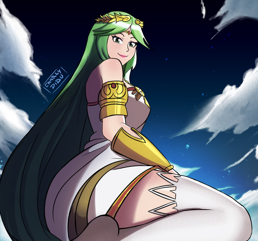 1girl armor ass bare_shoulders big_breasts breasts circlet clouds dress gauntlets green_eyes green_hair kid_icarus legs lips long_hair looking_at_viewer palutena sitting sky smile thighhighs thighs very_long_hair white_dress