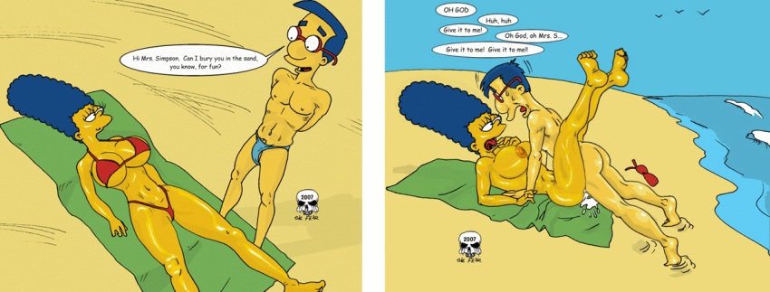 2007 animated animated_gif beach english_text lying marge_simpson milhouse_van_houten on_back public_sex sex text the_fear the_simpsons yellow_skin