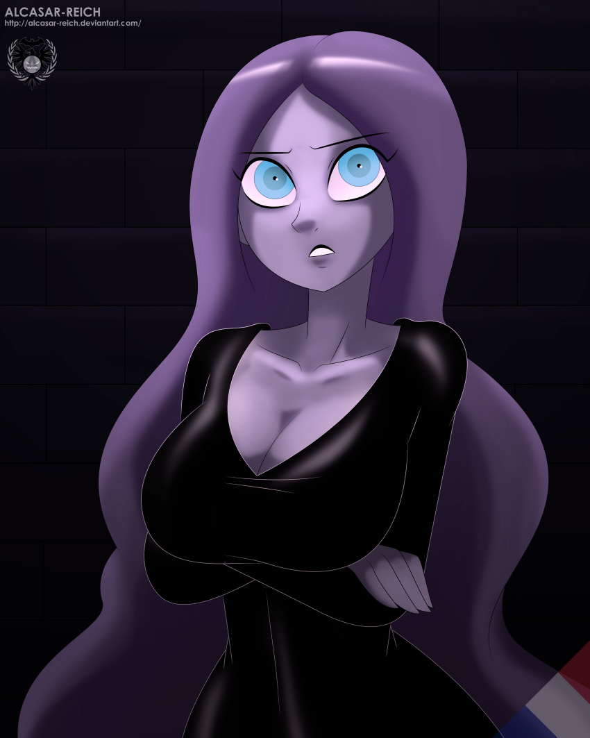 1girl alcasar-reich annoyed big_breasts black_dress blue_eyes breasts brick_wall cleavage crossed_arms dress female_only grey_skin long_hair looking_at_viewer parted_lips purple_hair very_long_hair wall