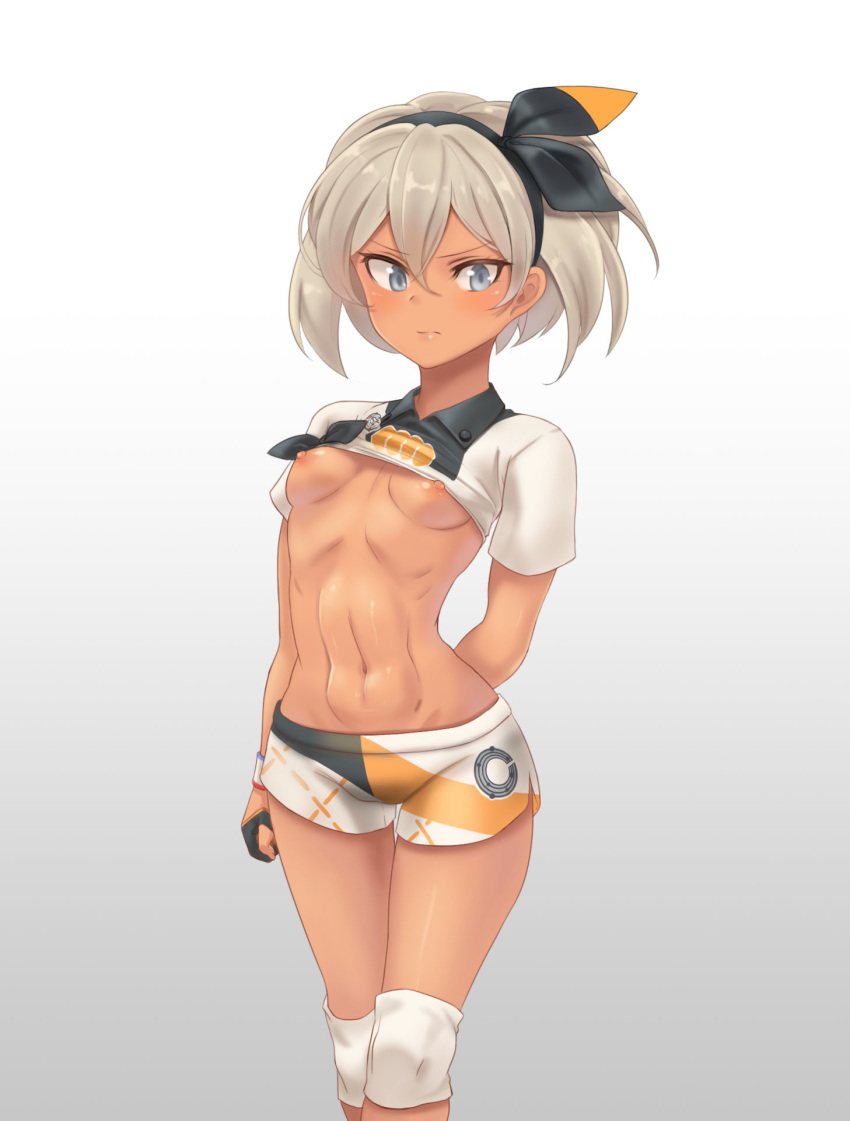 1girl 1girl 1girl bea_(pokemon) breasts creatures_(company) dark_skin game_freak gradient gradient_background grey_background high_resolution navel nintendo nipples pokemon pokemon_(game) pokemon_sword_&amp;_shield shirt shirt_lift short_hair shorts simple_background small_breasts toned
