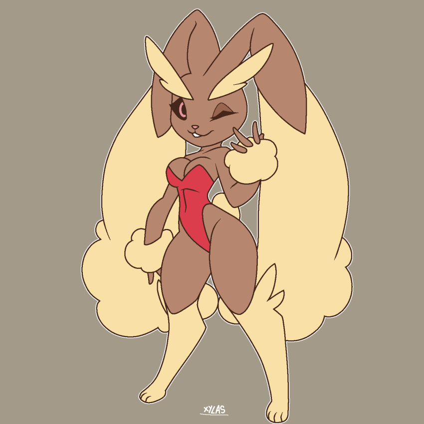 1girl anthro big_breasts breasts bunnysuit cleavage clothed clothing edit female fur furry furry_only leotard looking_at_viewer lopunny nintendo one_eye_closed paws pokemon sketch thick_thighs wide_hips xylas