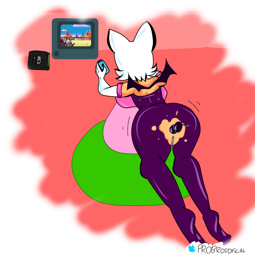 1girl anal_beads anal_insertion anal_juice anal_masturbation anal_penetration ass ass_focus ass_shake ass_up bat_wings big_ass distracted female_only female_solo furry furry_ears furry_only horny miles_"tails"_prower nintendo nintendo_switch orange_skin peachy_ass playing_games pussy pussy_juice rouge_the_bat sega sonic sonic_mania sonic_the_hedgehog_(series) tails_the_fox tawagoto tv twitter_username video_game white_hair wings