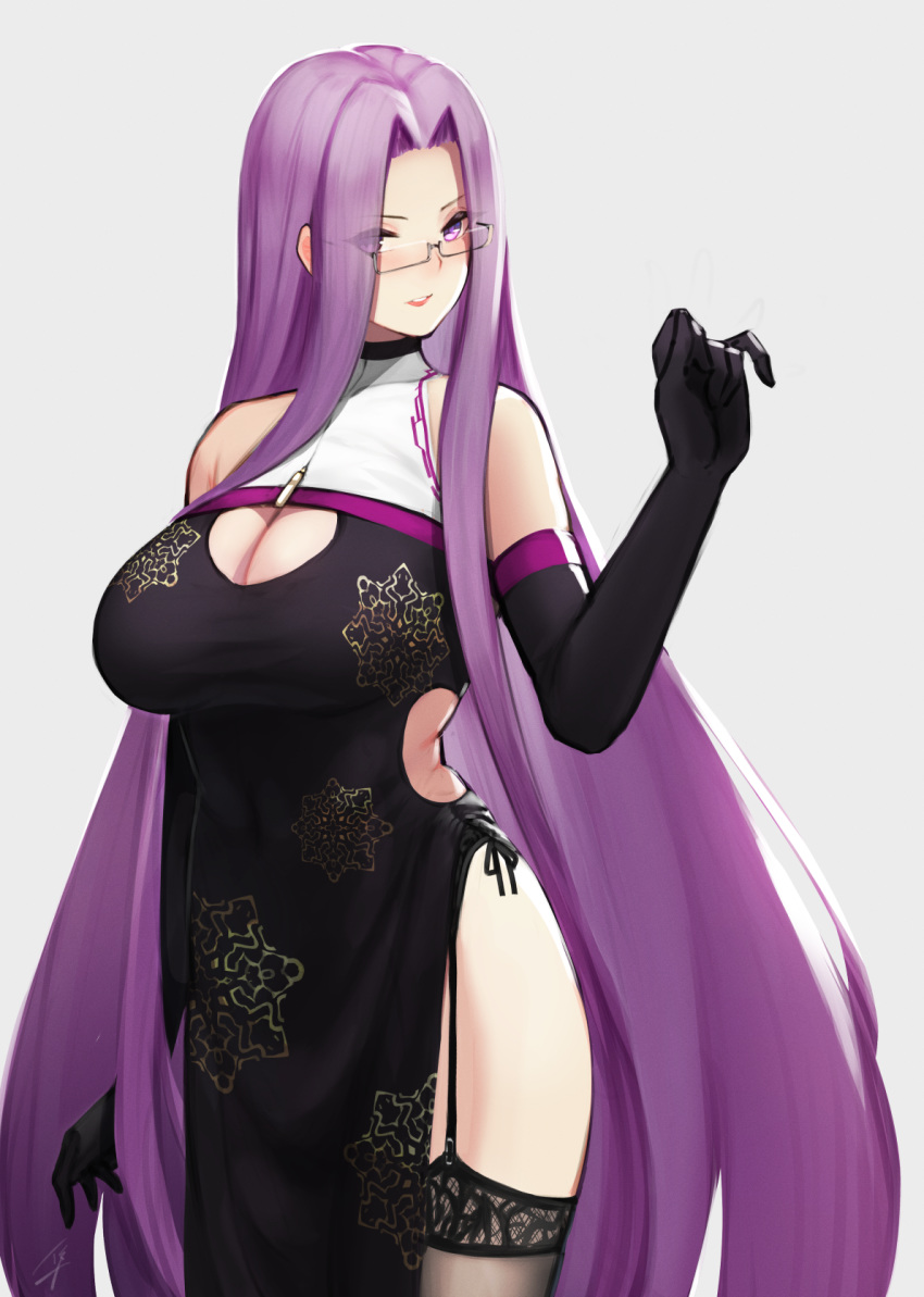 1girl bare_shoulders black_dress black_gloves black_legwear breasts cleavage cleavage_cutout covered_navel dress elbow_gloves fate/stay_night fate_(series) garter_straps glasses gloves grey-framed_eyewear hand_up hayabusa large_breasts long_hair looking_at_viewer parted_lips pelvic_curtain purple_eyes purple_hair rider semi-rimless_glasses simple_background sleeveless sleeveless_dress smile stockings straight_hair under-rim_glasses very_long_hair
