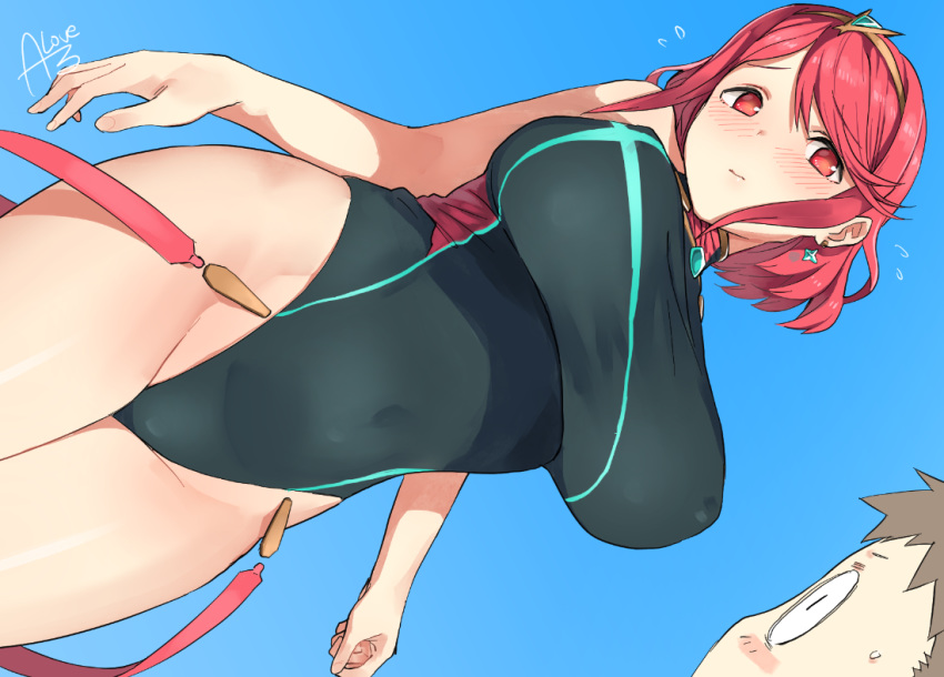 1boy 1girl bangs big_breasts black_swimsuit blue_background blush breasts competition_swimsuit covered_navel dutch_angle earrings embarrassed erect_nipples flying_sweatdrops hair_ornament head_tilt heroine highleg highleg_swimsuit jewelry one-piece_swimsuit pyra red_eyes red_hair rkrk short_hair simple_background swept_bangs swimsuit wide_eyed xenoblade xenoblade_(series) xenoblade_chronicles_2
