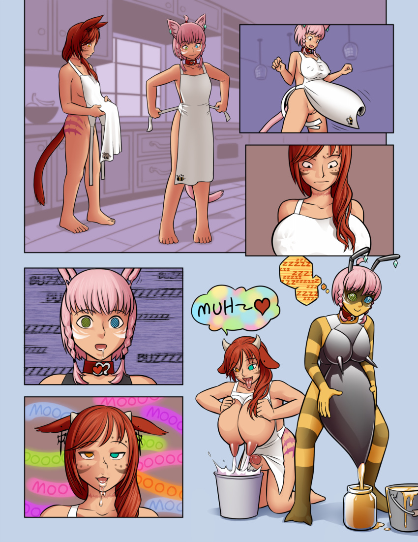 1futa 2girls apron barefoot bee bee_girl blank_expression blank_eyes blank_stare breasts bucket bulge clothes comic cow cow_girl dazed drool erection expressionless eyebrows eyebrows_visible_through_hair female femsub futanari futasub happy_trance heart heterochromia honey insect insect_girl jar kitchen kneeling lactation milk milking mind_control monster monster_girl nipples open_mouth penis pink_hair red_hair sleepymaid smile speech standing text tongue tongue_out transformation