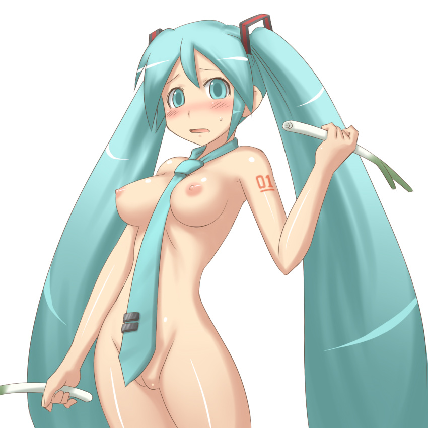1girl aaaa aqua_eyes aqua_hair between_breasts blush breasts female hair_ribbon highres holding long_hair miku_hatsune necktie nipples no_panties nude open_mouth pussy ribbon simple_background solo spring_onion standing sweatdrop tattoo twin_tails twintails uncensored very_long_hair vocaloid white_background