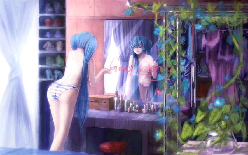 1girl arm_support ass back bad_reflection bare_shoulders blue_eyes blue_hair breasts censored chair clothes convenient_censoring cosmetics curtains faux_traditional_media flower from_behind hair_over_breasts hatsune_miku highres light_smile lipstick long_hair makeup miku_hatsune mirror navjay panties panties_only plant reflection sideboob solo speed_painting standing striped striped_panties topless twintails underwear underwear_only very_long_hair vocaloid writing
