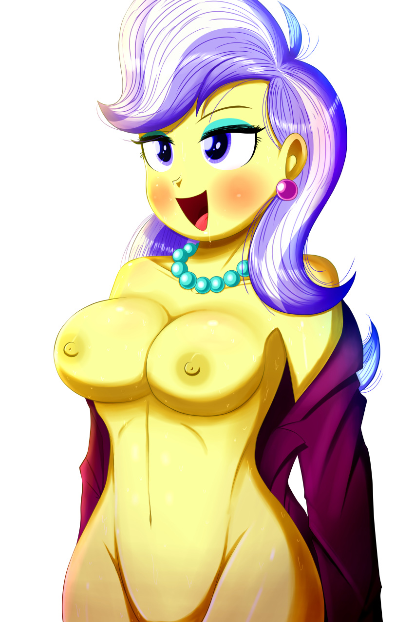 1girl blush breasts earrings equestria_girls female female_only friendship_is_magic mostly_nude my_little_pony no_panties open_mouth solo standing the-butch-x the-butcher-x undressing upper_crust_(mlp)