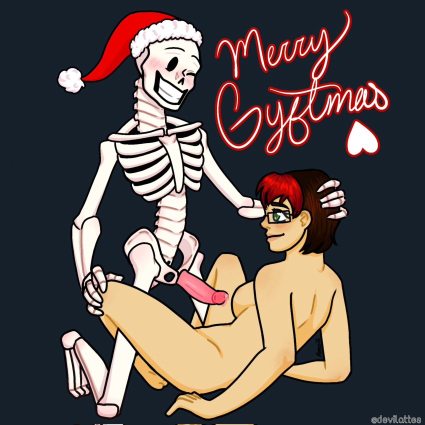 1:1 1:1_aspect_ratio 1_girl 1boy 1girl 2d 2d_(artwork) animated_skeleton canon_x_oc christmas dark_background devilattes digital_media_(artwork) duo ectopenis female female_human femsub glasses green_eyes hetero holidays human imminent_sex interspecies male male/female maledom merry_christmas monster monster_boy no_visible_nipples nude nude_female nude_male oc oc_x_canon original_character papyrus papyrus_(undertale) penis precum rectangular_eyewear rectangular_glasses red_penis santa_hat seme_papyrus sideboob simple_background skeleton solid_color_background straight top_papyrus twitter_username undead undertale undertale_(series) video_game_character video_games