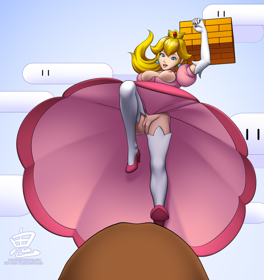 blonde_hair blue_eyes breasts crown dress earrings elbow_gloves gloves goomba high_heels long_hair nipples no_panties oni_(artist) open_mouth pink_dress princess_peach pussy solo stockings super_mario_bros. tagme thighhighs