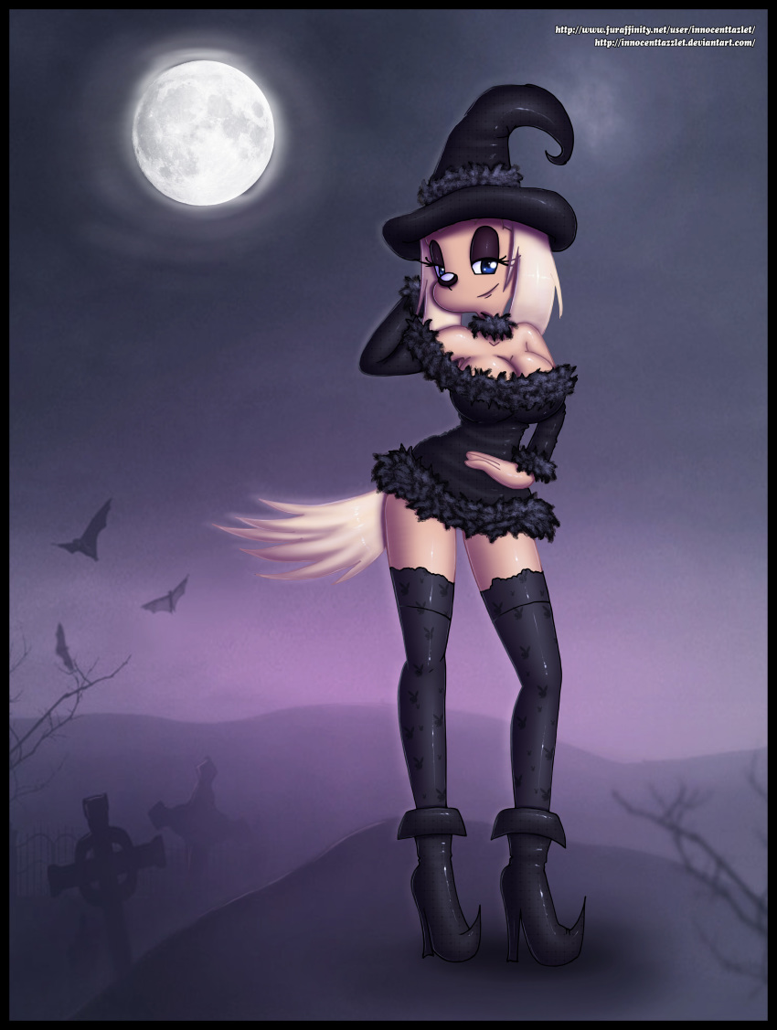 2011 absurd_res bat big_breasts black_nose blonde_hair blue_eyes brandy_and_mr._whiskers brandy_harrington breasts canine cleavage clothed clothing disney dog female full_moon furry graveyard hair halloween hat high_heels high_res innocenttazlet long_hair looking_at_viewer magic_user makeup moon night outside skimpy sky smile solo standing stockings thighs wide_hips witch witch_hat
