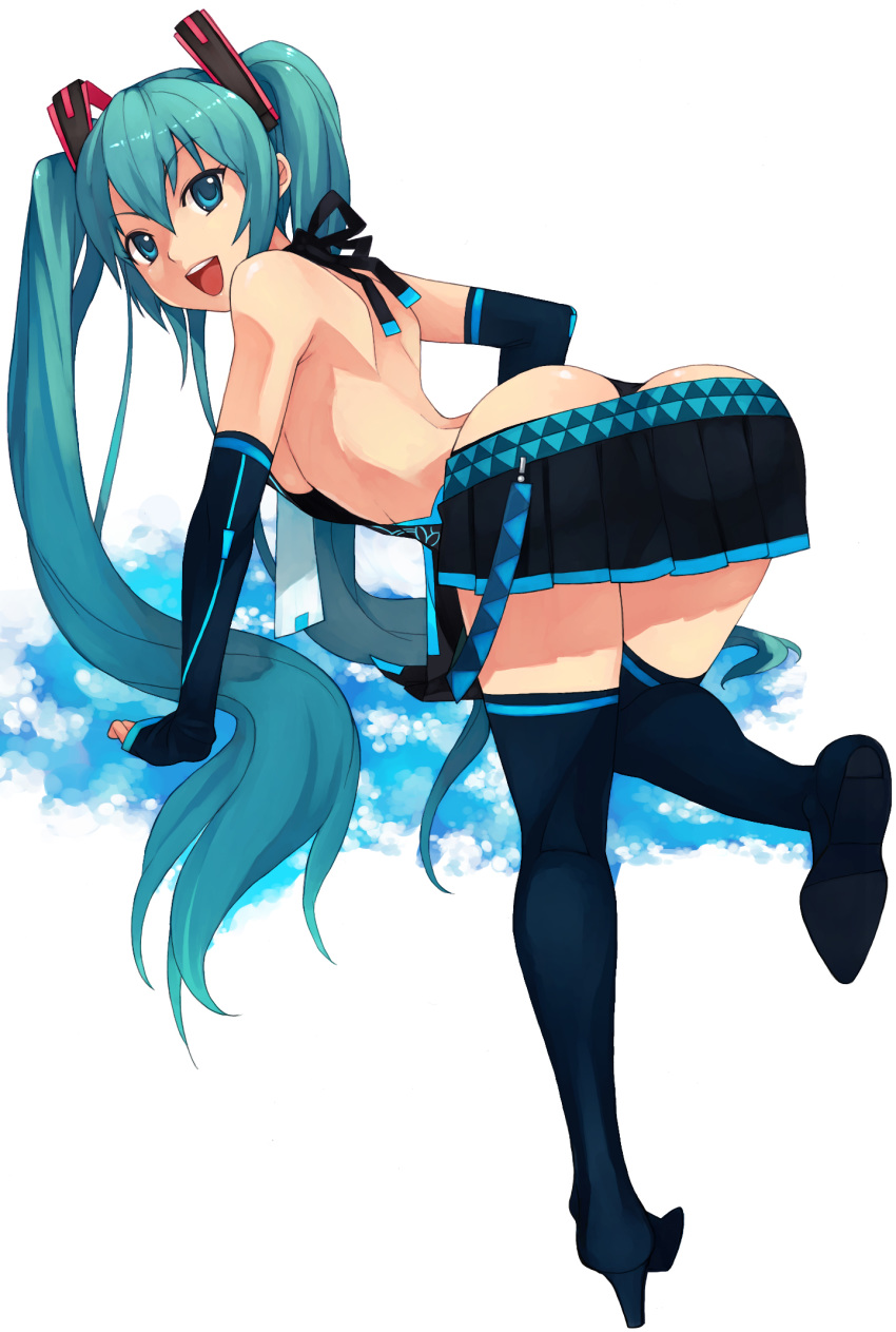 1girl all_fours aqua_eyes aqua_hair ass back bent_over boots breasts detached_sleeves from_behind hatsune_miku high_heels highres legs long_hair looking_back miku_hatsune miniskirt open_mouth penguin_caee shoes sideboob skirt smile solo thigh-highs thigh_boots thigh_high_boots thighhighs thong topless twin_tails vocaloid zettai_ryouiki