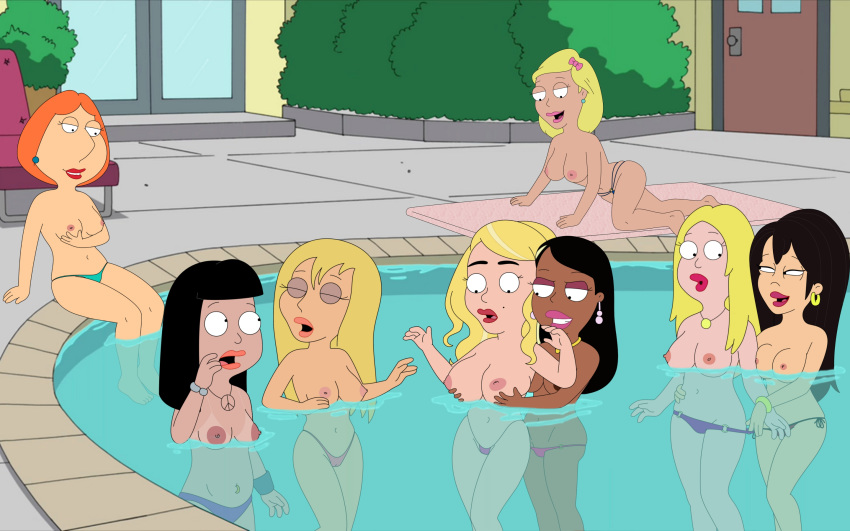 american_dad bikini_bottom breasts crossover family_guy francine_smith holding_breasts lois_griffin nipples topless yuri