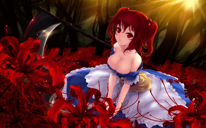 1girl bare_shoulders big_breasts breasts cait cleavage female flower hair_bobbles hair_ornament highres komachi_onozuka large_breasts off_shoulder onozuka_komachi red_eyes red_hair scythe short_hair solo spider_lily touhou twin_tails twintails wallpaper widescreen
