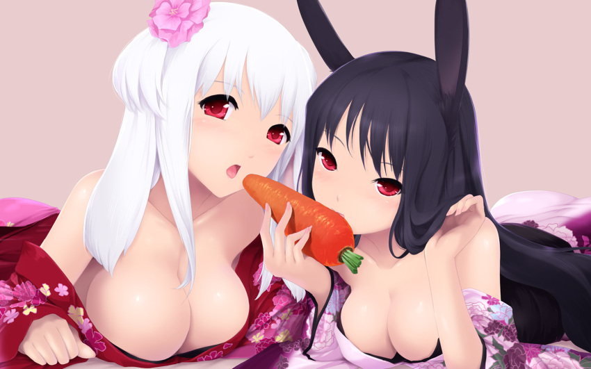 2_girls 2girls animal_ears bare_shoulders big_breasts black_hair blush breasts bunny_ears cait cait_aron carrot cleavage closed_eyes collarbone down_blouse downblouse female_only flower food hair hair_flower hair_ornament hands highres japanese_clothes kimono licking long_hair lying multiple_girls new_year no_bra on_stomach open_mouth original red_eyes sexually_suggestive short_hair tongue wallpaper white_hair