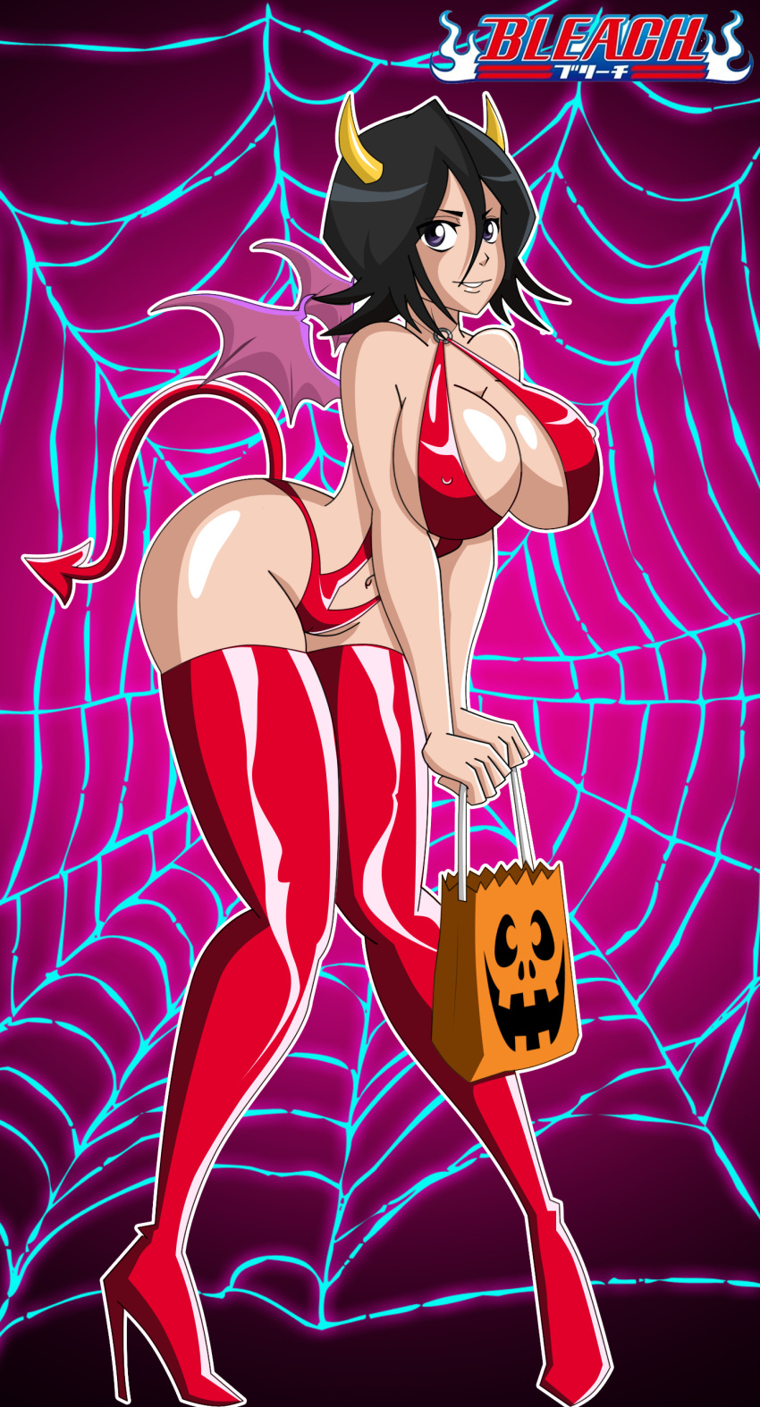 absurdres ass bag bangs bat_wings bent_over big_breasts black_hair bleach blue_eyes boots breasts cleavage cosplay costume curvy demon demon_girl demon_tail erect_nipples grimphantom grin hair halloween high_heels highres horns huge_ass huge_breasts kuchiki_rukia leotard looking_at_viewer midriff mound_of_venus naughty_face navel nipples red_legwear rukia_kuchiki shiny shiny_clothes shiny_skin shoes short_hair sideboob smile solo spider_web standing tail thick_thighs thigh_boots thigh_high_boots thighs wide_hips wings