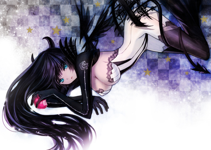 1girl apple bite_mark black_gloves black_hair black_wings blue_eyes breasts checkered cleavage demon demon_girl demon_horns demon_tail flower food fruit gloves horns impossible_clothes impossible_clothing lace long_hair lying on_side original riki_(elseeker) rose solo star stars stockings tail thighhighs wings