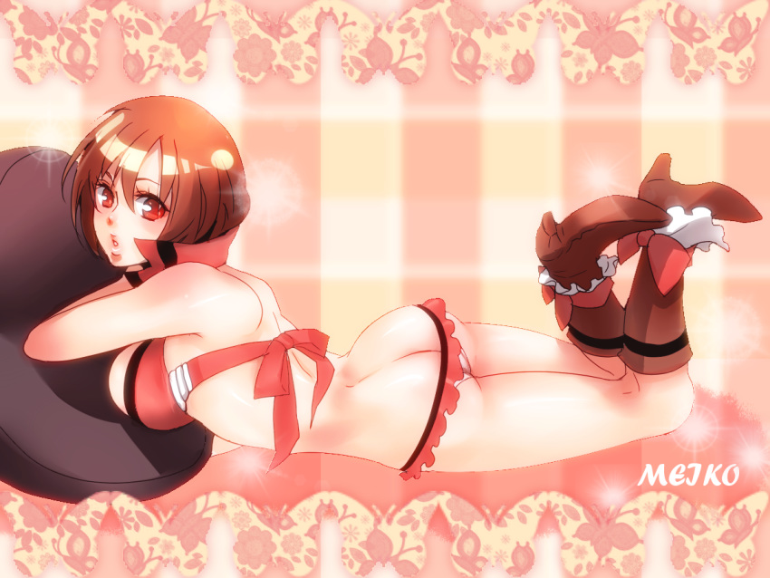 1girl :o ass bare_shoulders boots brown_eyes brown_hair butt_crack butterfly frills gojoe lying meiko on_stomach panties short_hair solo underwear vocaloid