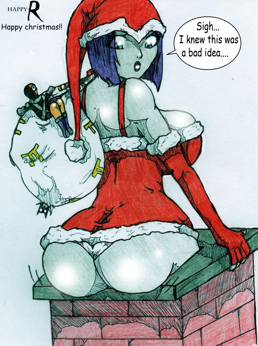 ass big_ass breasts bubble_butt christmas christmas_outfit dc dc_comics grown_up hair happy-r lipstick looking_back non-nude panties raven_(dc) santa_hat short_hair single_breast solo teen_titans text white_panties