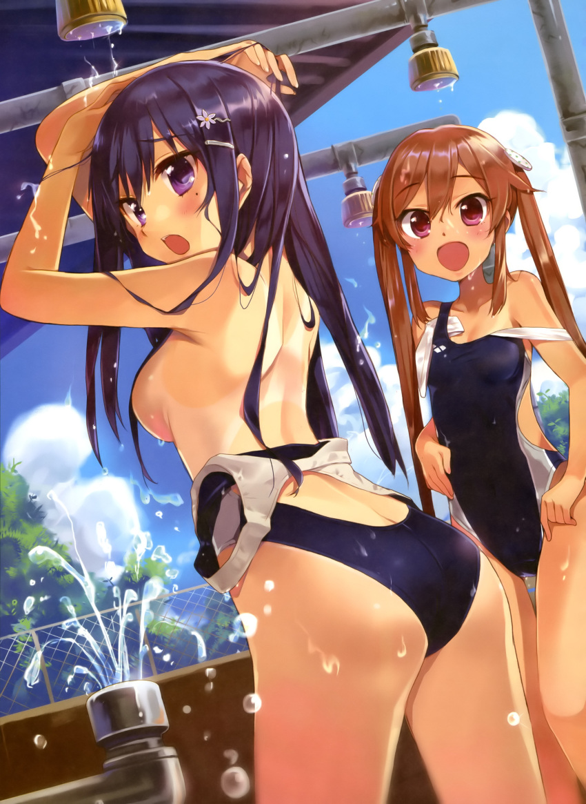 2girls :d absurd_res absurdres ass back bare_shoulders blue_hair blue_sky blush breasts brown_hair censor_hair censored chiba_sadoru cleavage cloud competition_swimsuit convenient_censoring dutch_angle hair hair_censor hair_ornament hairclip high_res highres long_hair looking_back mole multiple_girls off_shoulder one-piece_swimsuit one-piece_tan open_mouth original purple_eyes scan shower sideboob sky smile strap_slip swimsuit swimsuit_pull tan tan_line tanline thigh_gap thighs twin_tails twintails water water_drop water_droplets wet