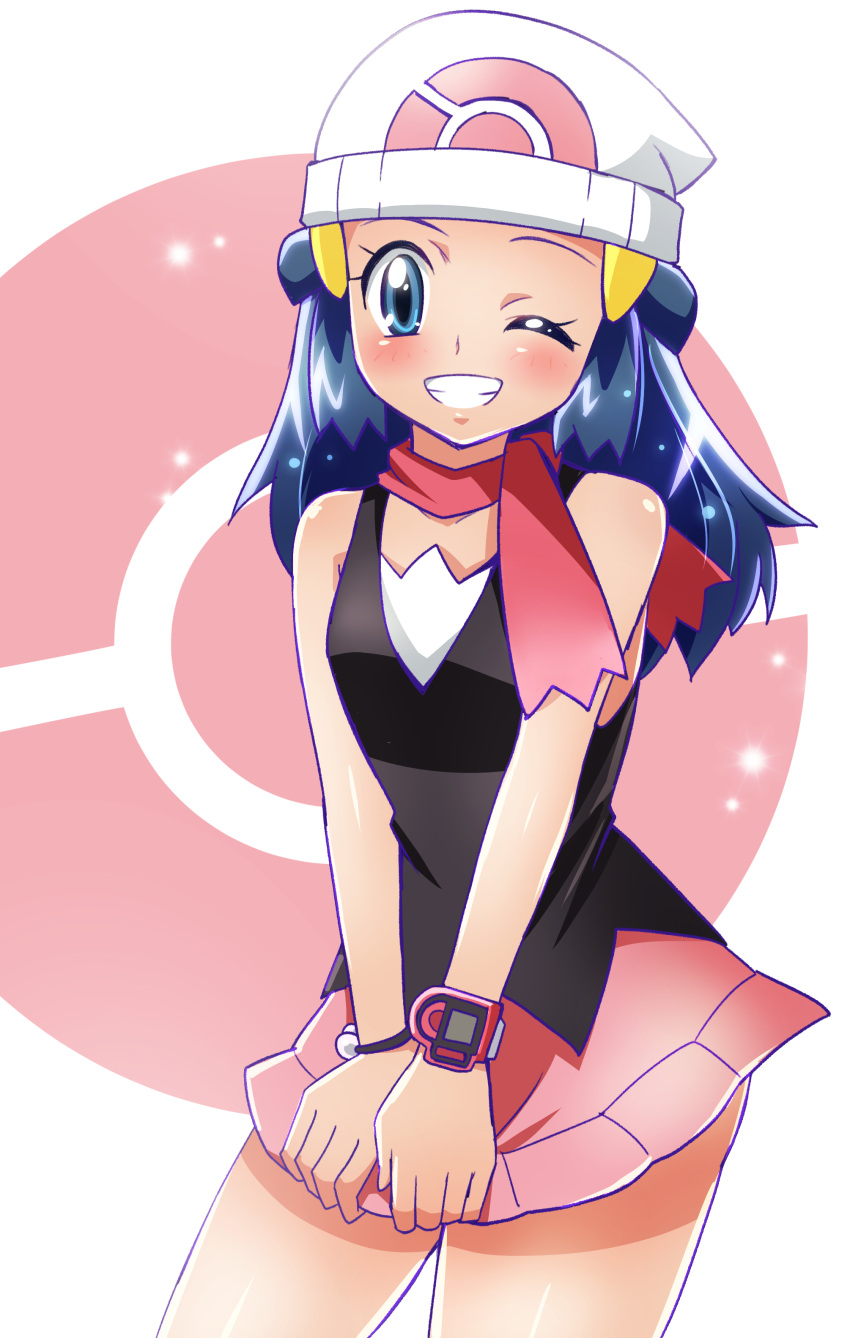 bare_arms bare_legs bare_shoulders beanie blue_eyes blue_hair blush clenched_teeth cropped_legs dawn dawn_(pokemon) grin hat long_hair looking_at_viewer miniskirt nintendo one_eye_closed pink_skirt pokemon pokemon_(anime) pokemon_(game) pokemon_dppt red_scarf scarf sharumon sharumon_(artist) skirt smile standing v_arms wink