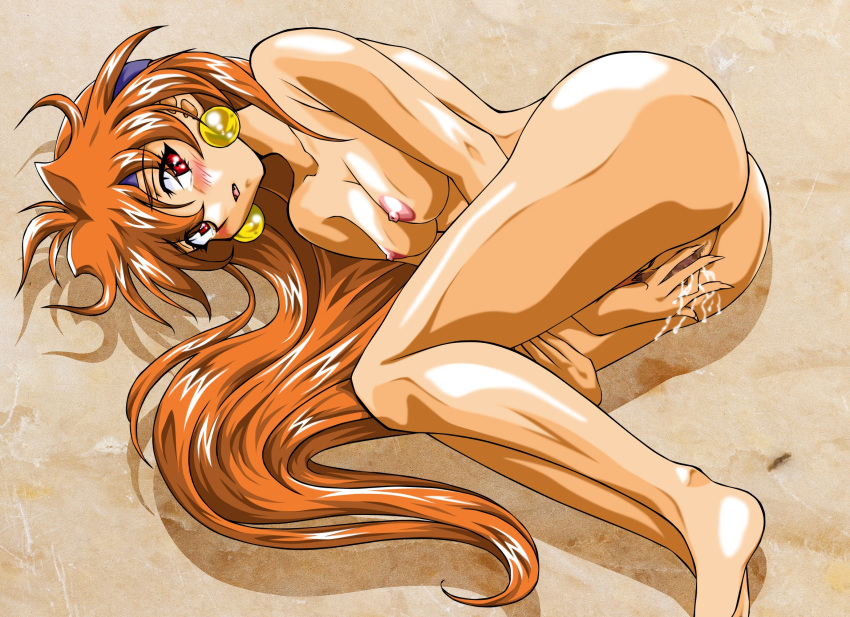 1girl ass barefoot blush breasts censored earrings fang headband high_res highres jewelry leg_grab lina_inverse long_hair lying masturbation nipples nude on_side orange_hair pubic_hair pussy pussy_juice red_eyes red_hair slayers smile solo tears umedama_nabu very_long_hair