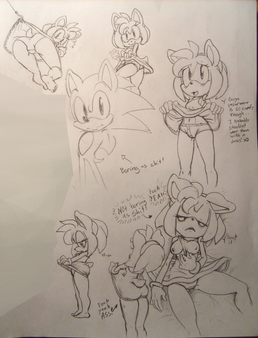 amy_rose anthro ass blush boots breasts embarrassing furry gloves hairband hook nipples panties sega short_hair shy smile sonic sonic_the_hedgehog surprise text topless underwear upskirt