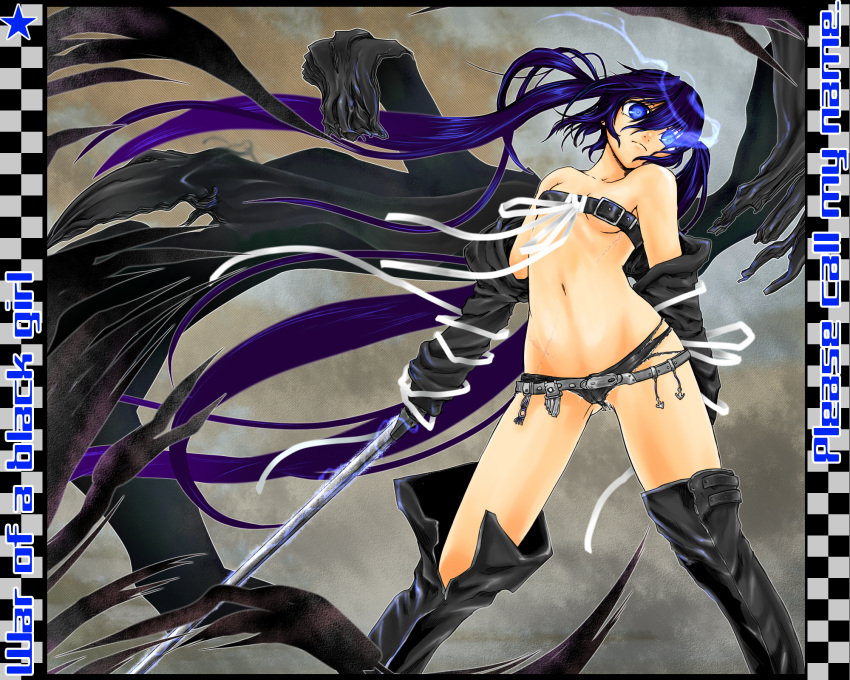 1girl alternate_costume belt beltbra beltskirt black_rock_shooter black_rock_shooter_(character) blue_eyes blue_hair boots breasts female highres ledjoker07 long_hair navel scar skull small_breasts solo swimsuit sword thigh_boots thigh_high_boots thighhighs twin_tails weapon