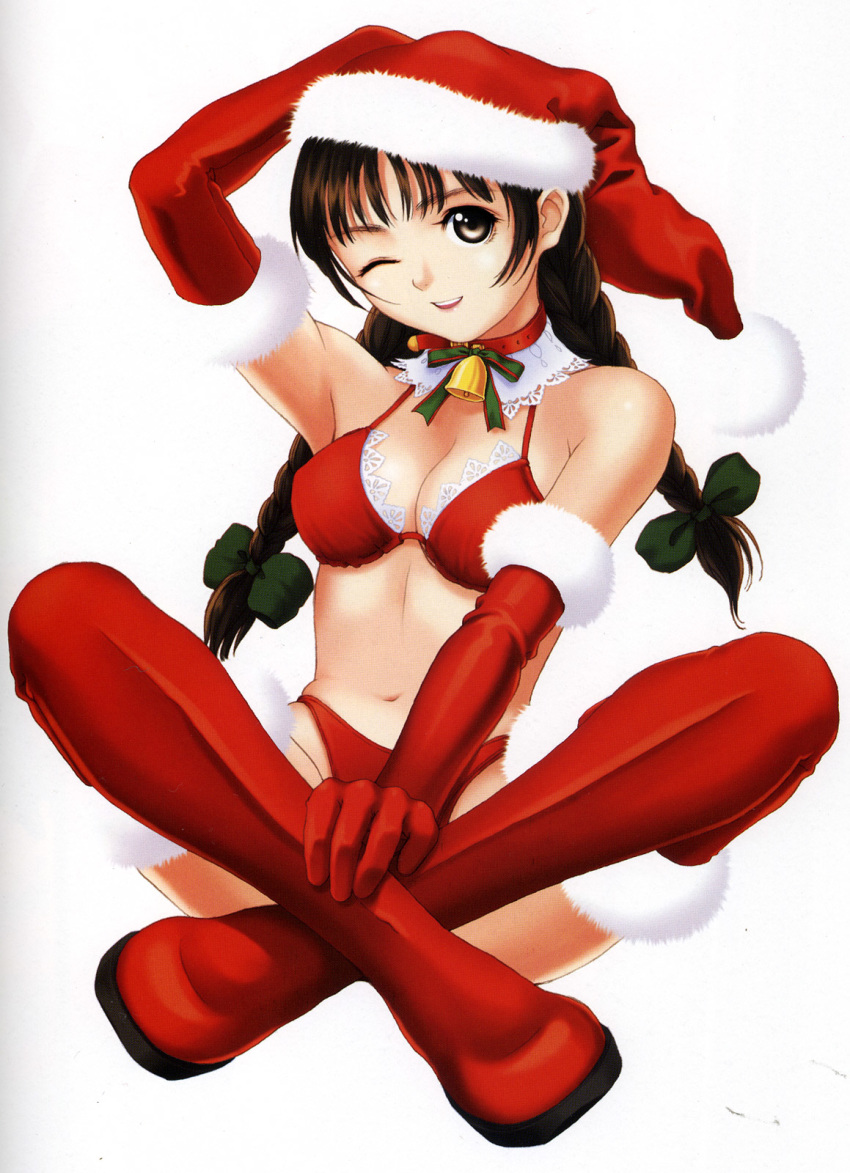 1girl bare_shoulders bell boots braid brown_eyes brown_hair christmas copyright_request gloves hair_ribbon hat hentai highres indian_style midriff one_eye_closed red_gloves ribbon santa_costume santa_hat scan simple_background sitting smile solo taka_tony taka_tony_(artist) takayuki_tanaka takayuki_tanaka_(artist) tanaka_takayuki tanaka_takayuki_(artist) thigh_boots thighhighs tony_taka tony_taka_(artist) twin_braids twintails white_background