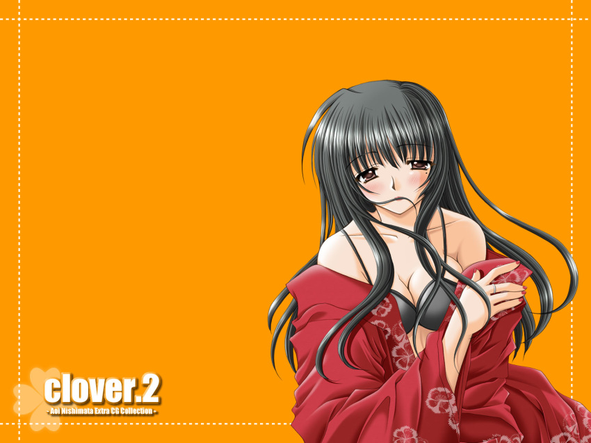 1girl artist_name bangs black_bra black_hair blush bra breasts brown_eyes cleavage clover_(game_cg) collarbone copyright_name floral_print hair_in_mouth half-closed_eyes hentai highres japanese_clothes jewelry kimono lipstick long_hair looking_at_viewer makeup mole mole_under_eye nail_polish nishimata_aoi off_shoulder open_clothes open_kimono orange_background red_nails ring shiny shiny_hair simple_background solo underwear upper_body wallpaper