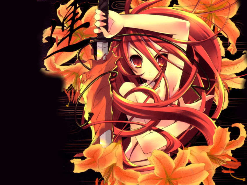 1600x1200 flower hentai highres itou_noiji katana lily_(flower) long_hair nude red_eyes red_hair shakugan_no_shana shana sword wallpaper weapon