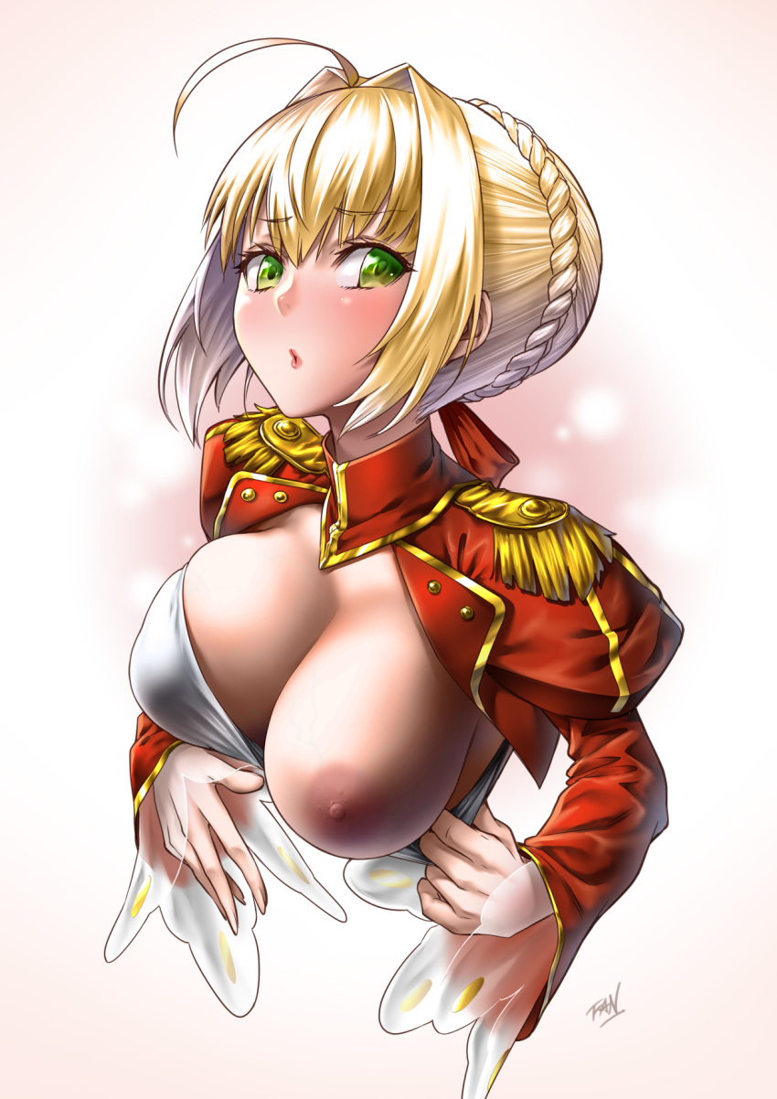 10s 1girl ahoge artist_name big_breasts blonde_hair blush breasts epaulettes eyebrows_visible_through_hair fan_(f.w.zholic) fate/extra fate_(series) gradient gradient_background green_eyes high_res lips long_sleeves looking_to_the_side nero_claudius_(fate) nipples presenting short_hair uncensored upper_body veins veiny_breasts