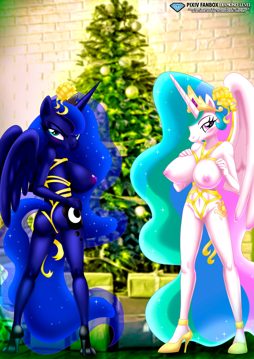 2_girls 2girls anthro anthrofied ass bbmbbf big_breasts breasts celestia christmas christmas_tree equestria_girls equestria_untamed female female_anthro female_only friendship_is_magic high_heels horn looking_at_viewer luna mostly_nude my_little_pony nude palcomix pietro's_secret_club princess_celestia princess_celestia_(mlp) princess_luna princess_luna_(mlp) standing tagme tail wings