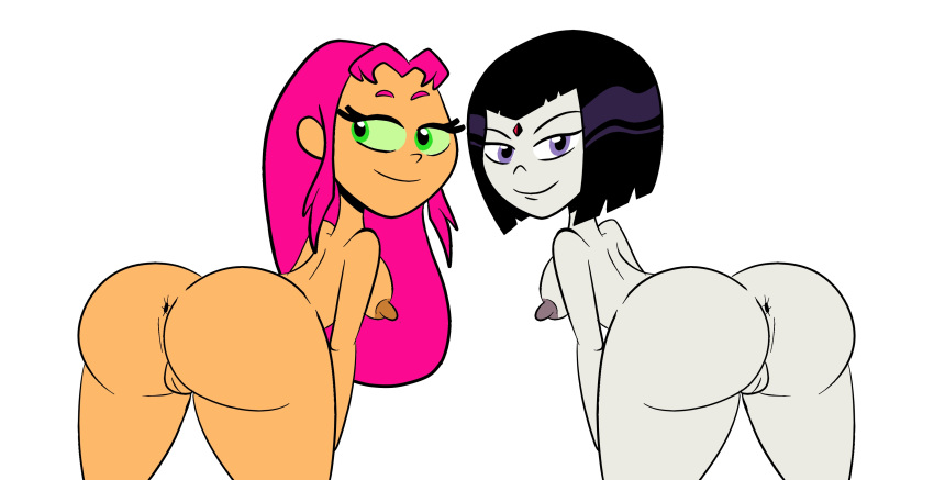 2019 2_girls ass black_hair breasts butthole buttjob cartoon_network closed_mouth cndhpr dc_comics dcau edit eyebrows eyelashes green_eyes green_skin grin looking_at_viewer nipples older older_female open_eyes orange_skin pink_hair purple_eyes pussy raven_(dc) scobionicle99 sexy_ass sideboob smile smiling_at_viewer starfire teen_titans teen_titans_go white_background young_adult young_adult_female young_adult_woman