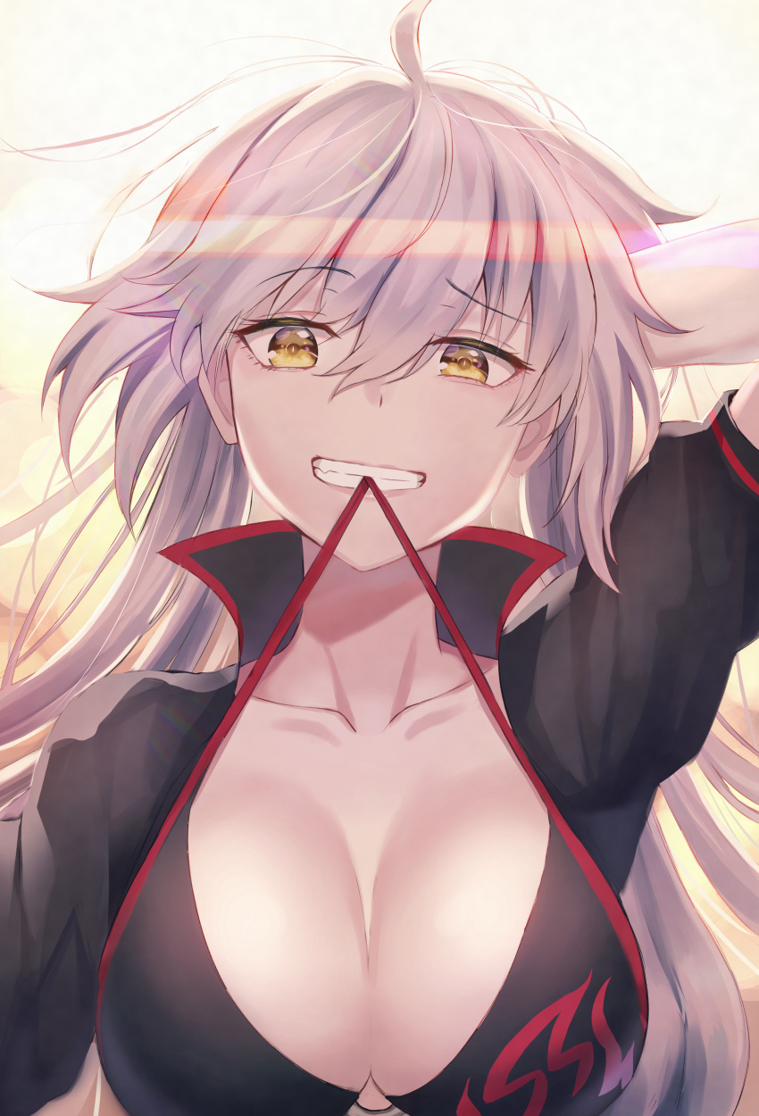 1girl arm_behind_head bikini black_bikini black_gloves breasts cleavage fate/grand_order fate_(series) gloves grin hair_between_eyes jacket jeanne_d'arc_(alter)_(swimsuit_berserker) jeanne_d'arc_(fate)_(all) long_hair looking_at_viewer mouth_hold platinum_blonde simple_background smile swimsuit teeth white_background yellow_eyes