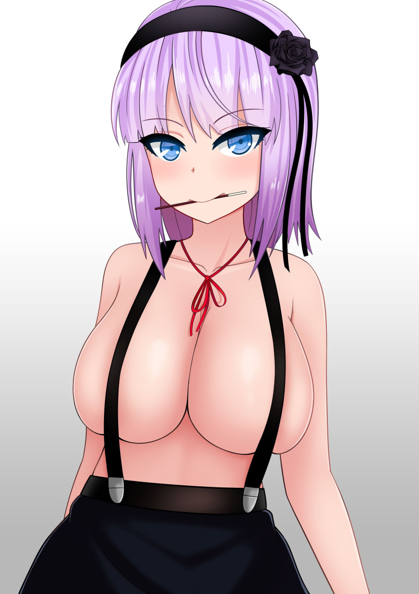 1girl covered_nipples cute dagashi_kashi huge_breasts looking_at_viewer mouth_hold shidare_hotaru suspenders