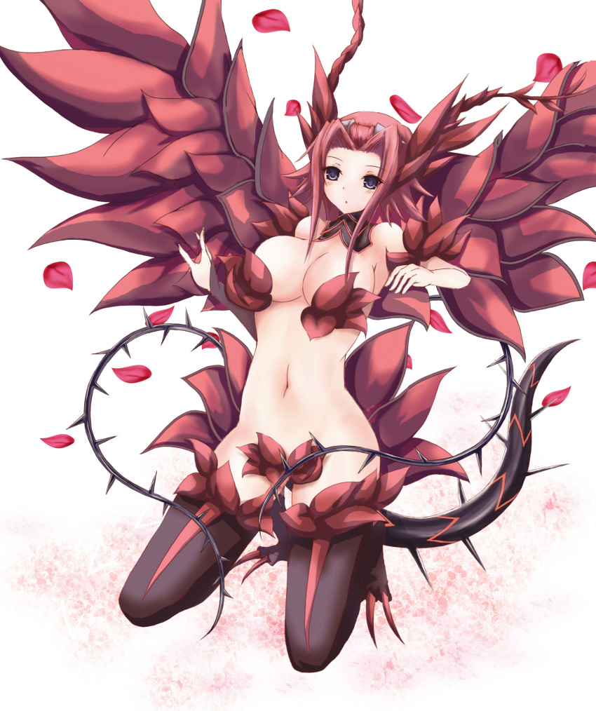 1girl akina_t akiza_izinski bare_shoulders big_breasts black_rose_dragon_(card) blue_eyes blush breasts censored cleavage convenient_censoring dragon_girl duel_monster fusion high_res highres horns izayoi_aki kneel kneeling large_breasts monster_girl naked_thighhighs navel nude petals red_hair solo stockings tail thighhighs thorns wings yu-gi-oh! yu-gi-oh!_5d's yuu-gi-ou yuu-gi-ou_5d's