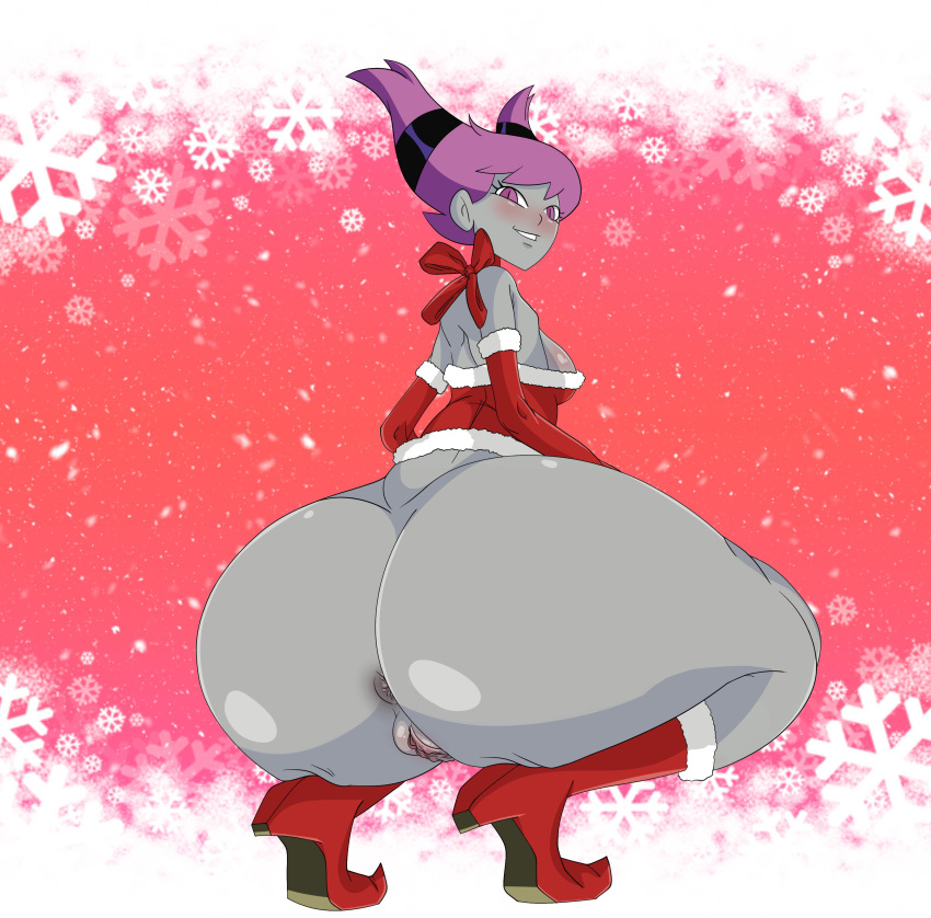 1girl 1girl big_ass bottom_heavy bottomless christmas crouching dat_ass dc_comics elpepsi grey_skin high_heels high_res high_res huge_ass jinx large_ass looking_at_viewer looking_back pink_hair pussy small_breasts teen_titans twin_tails