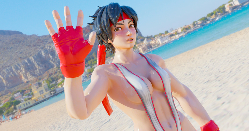 1girl 3d 3d_(artwork) beach bikini blender curvy female_focus female_only fit fit_female girly grin looking_at_viewer sakura_kasugano small_breasts smile smiling_at_viewer street_fighter street_fighter_v sunny swimsuit thin waving xzcrystal3d