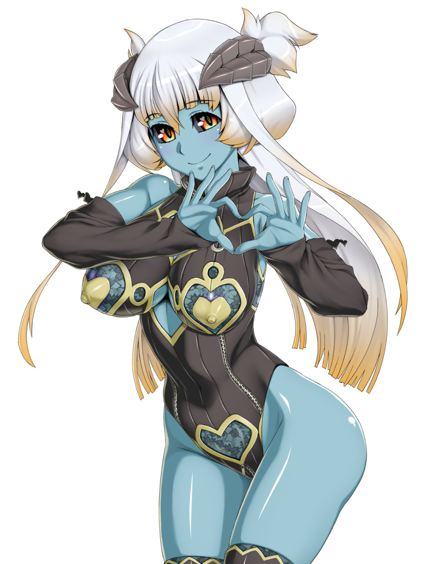 1girl areola_slip areolae bare_shoulders black_sclera blue_skin blush breasts butakoma_300g center_opening cleavage demon_girl detached_sleeves erect_nipples female fingernails hair_between_eyes hands head_tilt heart highleg highres hips horns lace large_breasts long_hair looking_at_viewer monster_girl pyurachri shiny shiny_skin simple_background sleeves_past_wrists smile solo standing succubus thighhighs thighs vitamin_quest white_background white_hair yellow_eyes zipper