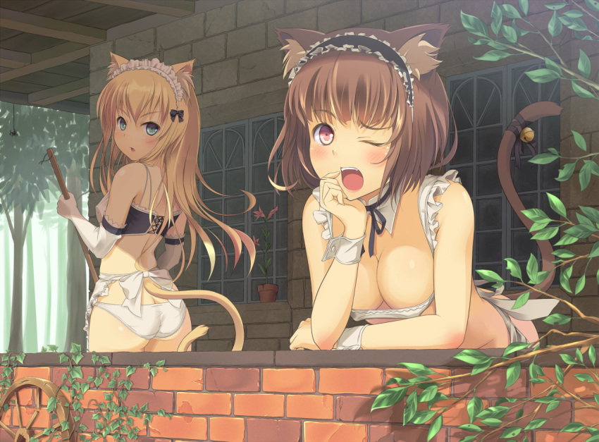 2girls animal_ears apron ass balcony bell blonde_hair blue_eyes breasts brick_wall brown_eyes brown_hair butt_crack cat_ears cat_tail cleavage detached_collar elbow_gloves gloves hair jingle_bell leaning_forward long_hair maid maid_headdress multiple_girls no_bra one_eye_closed open_mouth original panties pink_eyes plant potted_plant shade short_hair spider supertie tail tail_bell terrace underwear white_panties wink wrist_cuffs yawning