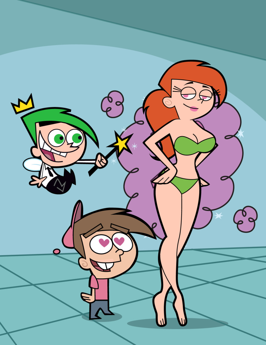 bikini breasts brown_hair cleavage cosmo green_eyes green_hair hair hat headgear heart lipstick magic orange_hair pink_eyes ponytail smile the_fairly_oddparents timmy_turner vicky