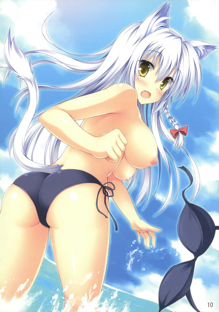1girl :o absurd_res absurdres animal_ears ass bare_shoulders big_breasts bikini bikini_top_removed bow braid breasts cat_ears cloud dog_days fang from_behind hair_bow high_res highres large_breasts leonmitchelli_galette_des_rois lion_ears lion_tail liongirl long_hair looking_back nipples open_mouth side-tie_bikini silver_hair sky solo swimsuit tail tateha_(artist) topless wading wardrobe_malfunction water yellow_eyes