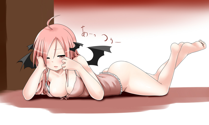 1girl ahoge ass barefoot bat_wings blush bottomless breasts brown_hair down_blouse downblouse feet female head_wings highres hot koakuma legs long_hair lying miki_plus miki_purasu on_stomach one_eye_closed red_eyes red_hair sleepy solo the_embodiment_of_scarlet_devil touhou wings wink