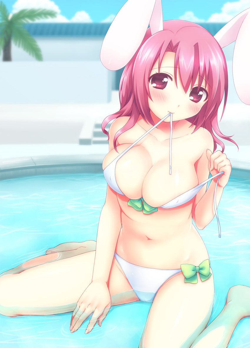1girl animal_ears barefoot big_breasts bikini blush bow breasts bunny_ears cleavage hands high_res highres large_breasts looking_at_viewer mani mouth_hold navel original partially_submerged pink_hair red_eyes sakura_(mani) shiny shiny_skin short_hair sitting smile solo submerged swimsuit untied usashiro_mani wariza
