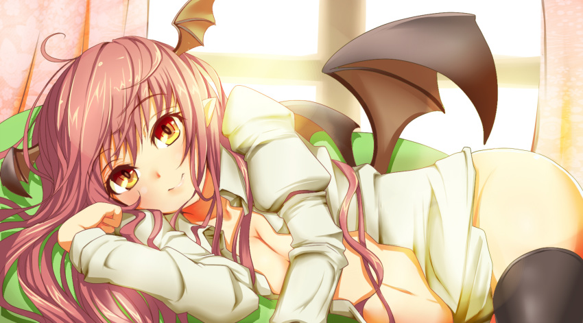 1girl bat_wings black_legwear blush bottomless breasts curtains dress_shirt female fukunaga_kazuhiro head_wings high_res highres hips koakuma long_hair looking_at_viewer lying midriff naked_shirt navel no_bra no_panties on_side open_clothes open_shirt pointy_ears red_hair shirt smile solo stockings the_embodiment_of_scarlet_devil thighhighs touhou window wings yellow_eyes