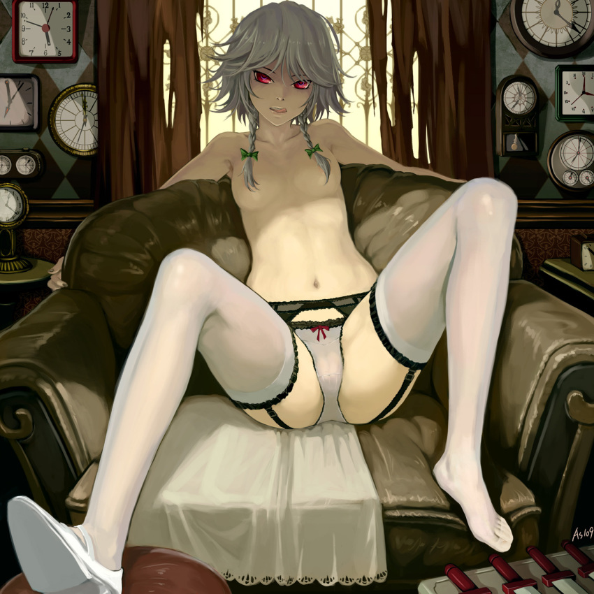 1girl :q armchair as109 bow bow_panties braid breasts cameltoe censored chair checkered clock collarbone convenient_censoring couch curtains feet feet_on_chair female full_body garter_belt hair_bow hair_over_breasts high_res highres izayoi_sakuya knife leaning_back legs licking_lips lingerie long_legs nail_polish naughty_face navel no_shoes panties panties_only red_eyes sakuya_izayoi short_hair silver_hair single_shoe sitting solo spread_legs stockings tease teasing the_embodiment_of_scarlet_devil thighhighs throwing_knife tongue tongue_out topless touhou twin_braids underwear underwear_only weapon white_legwear white_panties white_thighhighs