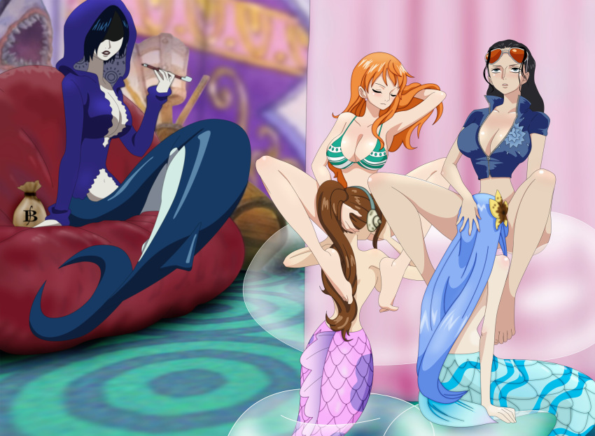 5girls adjusting_hair aqua_hair bad_id barefoot big_breasts bikini_top black_hair blue_hair blush bottomless breasts brown_hair bubble cleavage closed_eyes cunnilingus earrings feet fins flower hair hair_flower hair_ornament hand_on_another's_head hand_on_head headphones highres jewelry jpeg_artifacts licking long_hair madame_shirley madame_shyarly mermaid mero_(one_piece) money_bag monster_girl multiple_girls naked_from_the_waist_down nami nami_(one_piece) nico_robin one_piece oral orange_hair pipe ponytail prostitution pussylicking seira_(one_piece) short_hair sitting smoking sunglasses sunglasses_on_head swimsuit umanonakama yuri